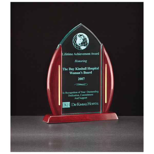 7 1/2" x 9 5/8" Flame Jade Acrylic with Rosewood Piano Finish Base and Posts, Gold Metal Accents