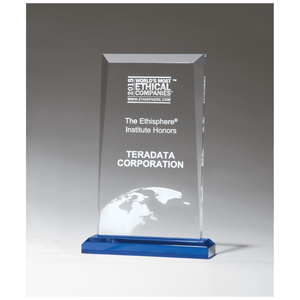 6 x 9 3/4" Apex Series Clear Acrylic Award with Blue Highlights and Blue Base