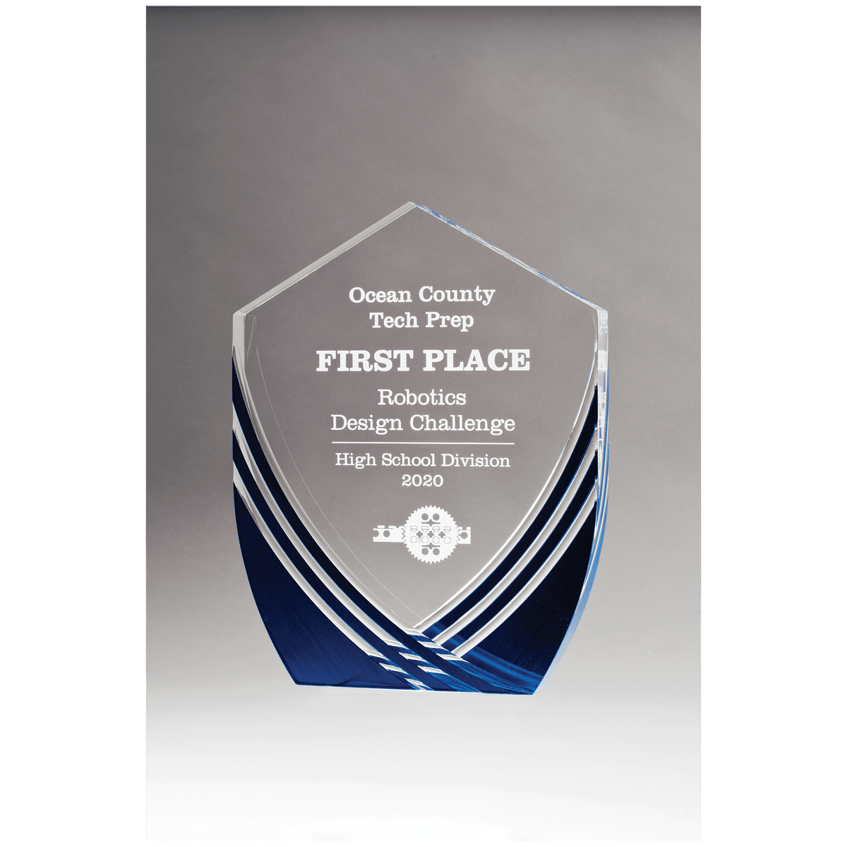 6 1/2" x 8 1/2" Shield Series Clear Acrylic with Polished Score Lines and Blue Metallic Accent