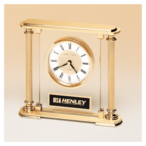 6 5/8" x 7 1/4" Glass Upright with Feet & Top, Metal Goldtone Columns, Diamond Spun Dial, 3 Hands with Black Plate