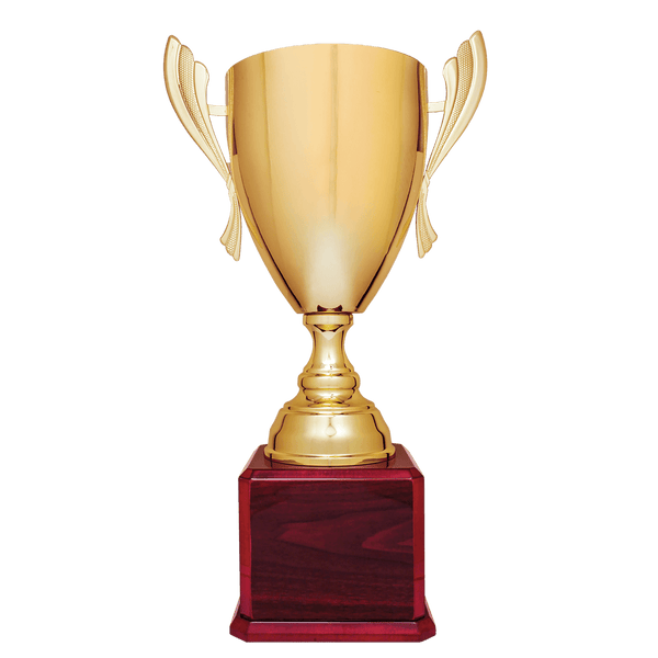 24 3/4" Gold Completed Metal Cup Trophy on Rosewood Royal Piano Finish Base