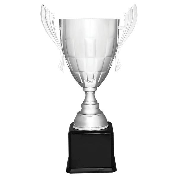 26 1/2" Silver Completed Metal Cup Trophy on Black Royal Piano Finish Base