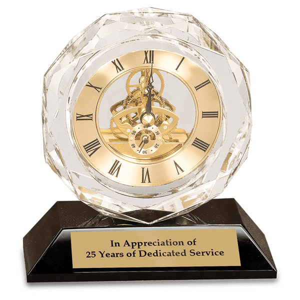 5 3/4" Clear Crystal Clock on Black Pedestal Base