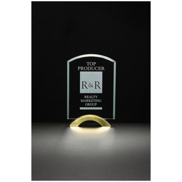 5" x 7 3/4" Arch Series Glass Award with Gold Metal Base