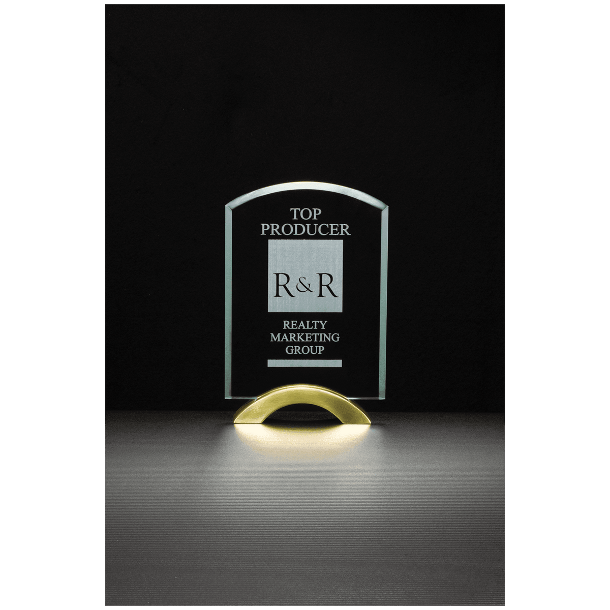 6" x 8 3/4"Arch Series Glass Award with Gold Metal Base