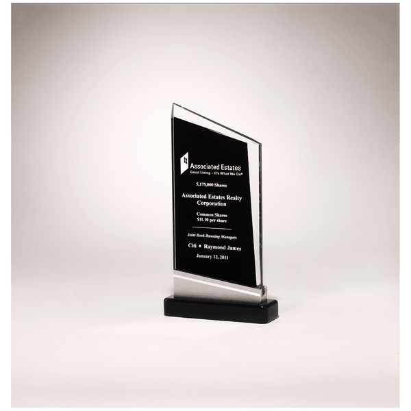 4 3/4" x 9 7/8" Zenith Series Glass Award, Black Piano Finish Base with Silver Aluminum Accent