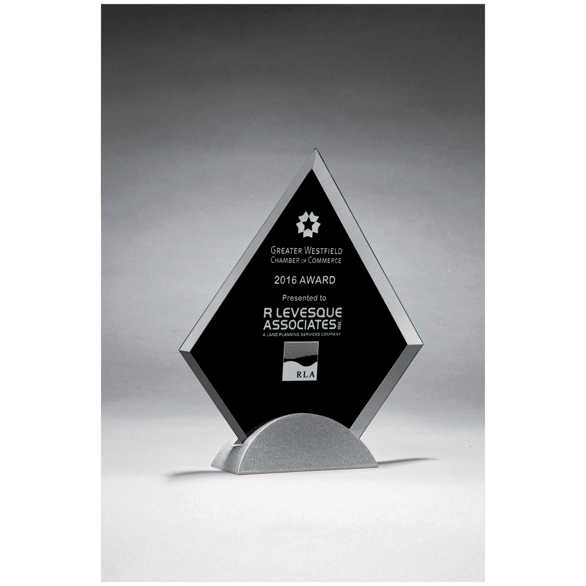 6 1/4" x 7 3/8" Diamond Shaped Glass Award, Black Silkscreen on Silver Metal Base