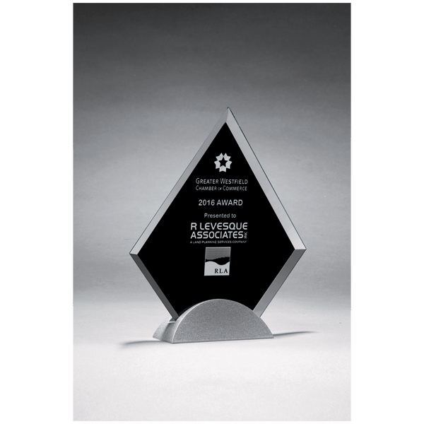 8" x 9" Diamond Shaped Glass Award, Black Silkscreen on Silver Metal Base