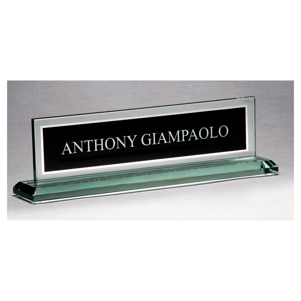 10" x 2 3/4" Glass Name Plate w/Black Silkscreened Engraving Area, Mirror Border