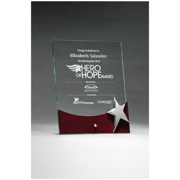 8" x 10" Freestanding Glass Award with High Gloss Rosewood Accent and Silver Star