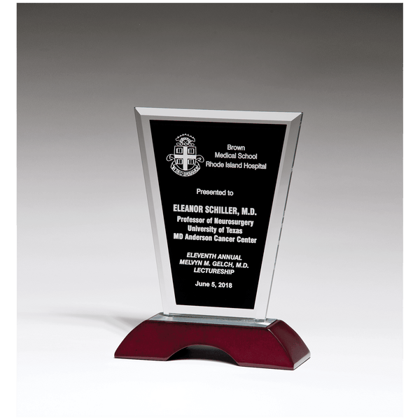 6" x 10" Black Silkscreened Clear Glass with High Gloss Rosewood Base