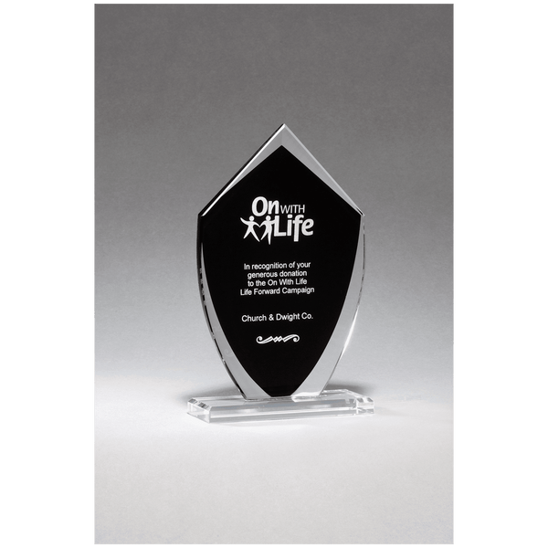 5 1/2" x 9 1/4" Shield Shaped Glass Award with Black Silkscreened Center