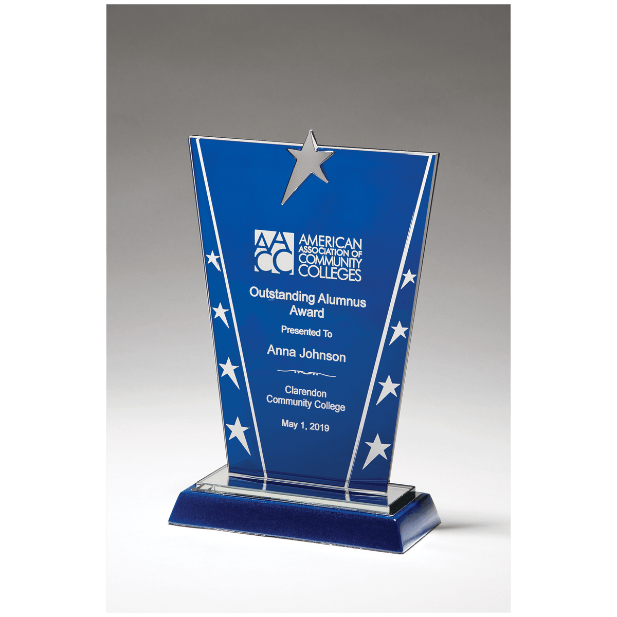 6 3/8" x 10 5/8" Constellation Series Glass Award with Blue Background with Chrome Plated Star