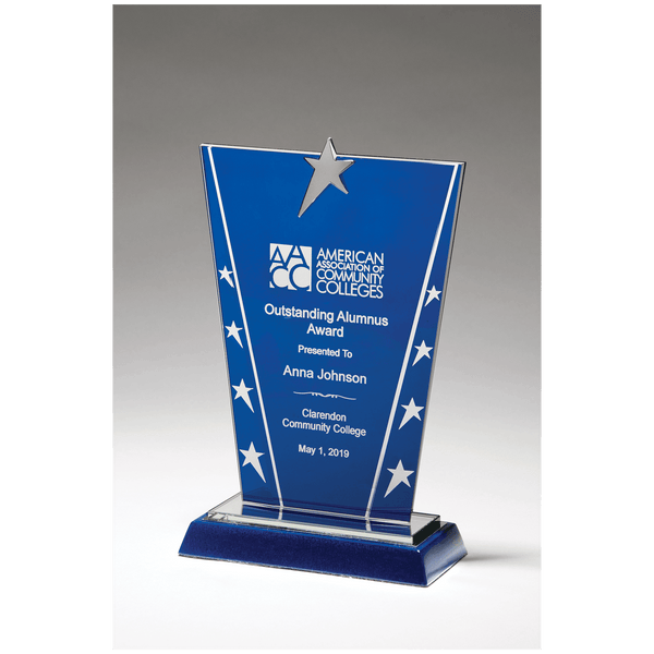 6 3/8" x 10 5/8" Constellation Series Glass Award with Blue Background with Chrome Plated Star