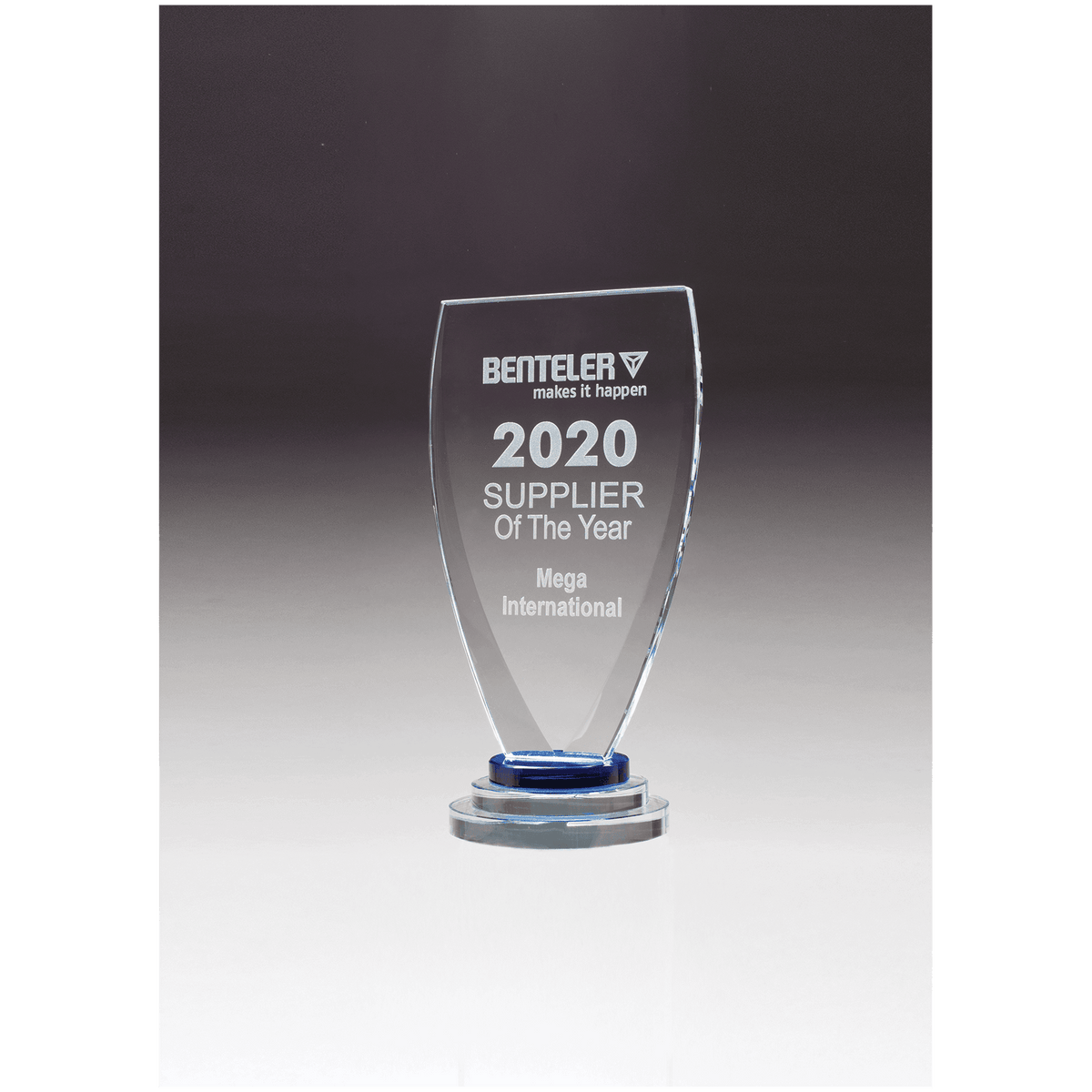 4" x 8 1/4" Chalice Series Sapphire Glass Award with Blue and Clear Glass Pedestal Base