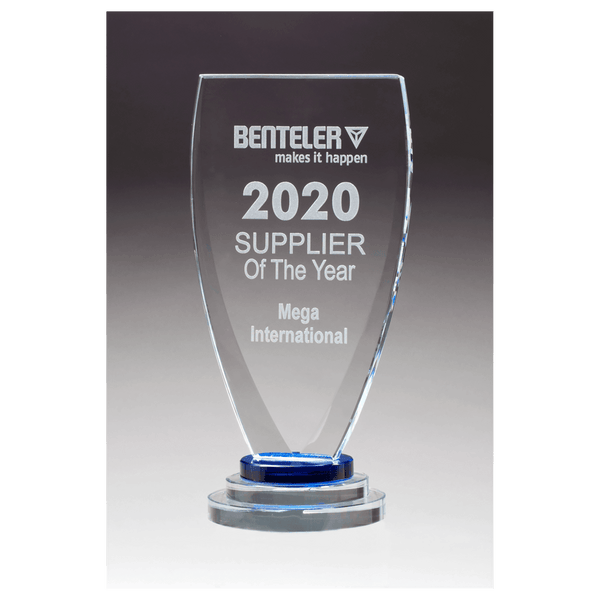 5" x 9 1/4" Chalice Series Sapphire Glass Award with Blue and Clear Glass Pedestal Base