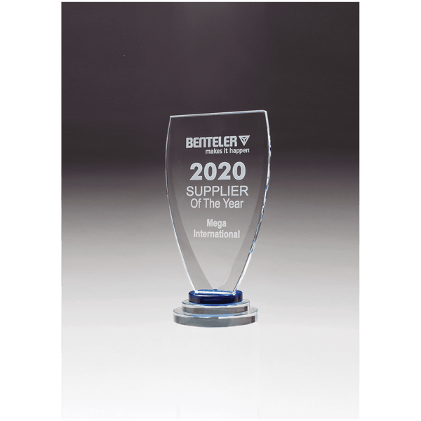 5 3/8" x 10 1/4" Chalice Series Sapphire Glass Award with Blue and Clear Glass Pedestal Base