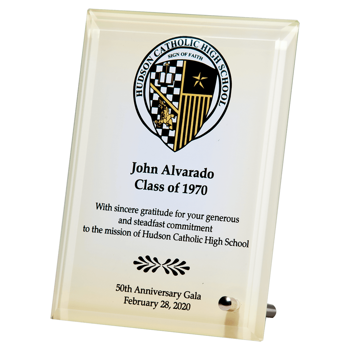 7" x 9" Sublimated Glass Plaque with Silver Post for Portrait or Landscape Presentation