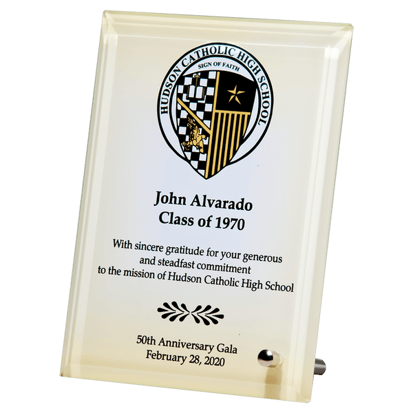 7" x 9" Sublimated Glass Plaque with Silver Post for Portrait or Landscape Presentation