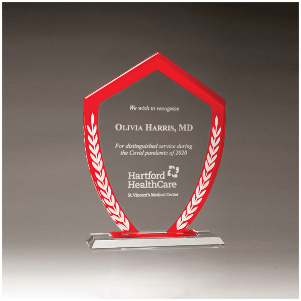 5 7/8" x 8 1/8" Shield Shaped Glass Award with Red Border and White Laurel Leaves