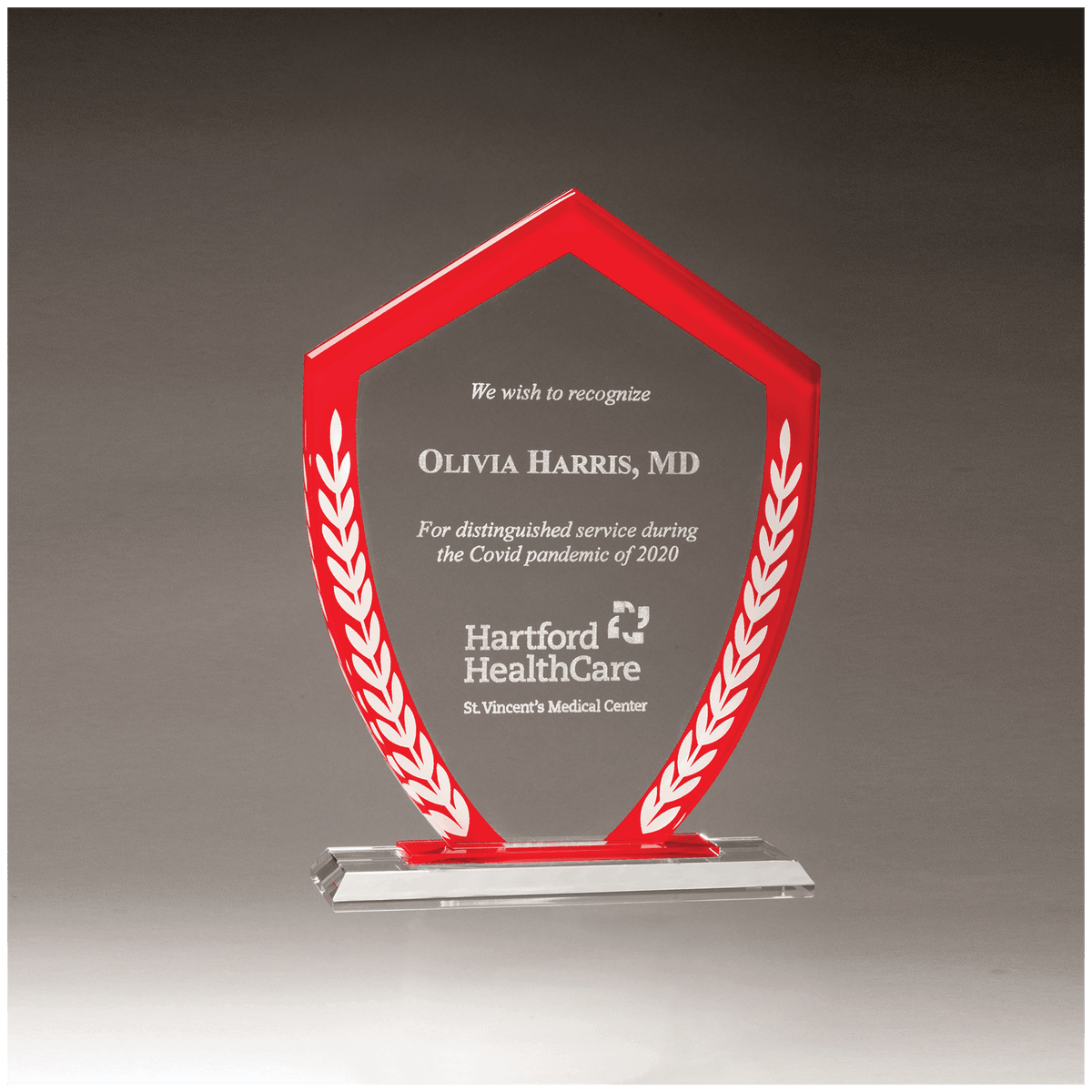 7 1/4" x 9 5/8" Shield Shaped Glass Award with Red Border and White Laurel Leaves