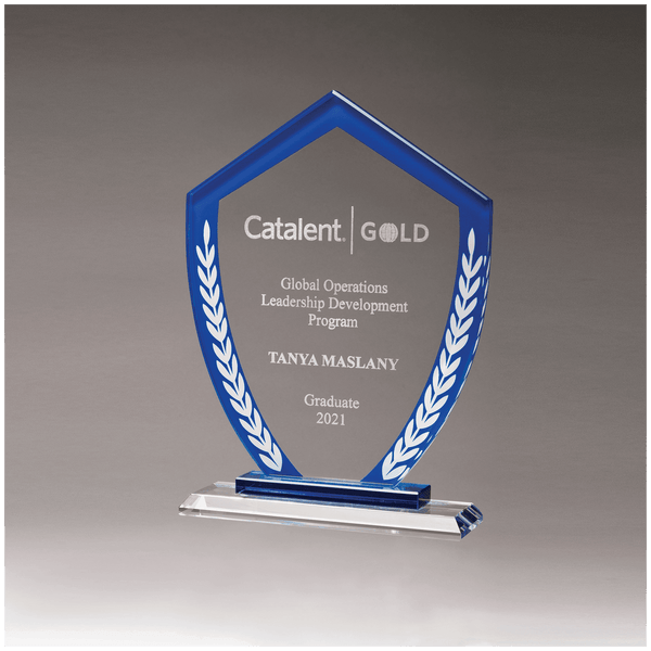 5 7/8" x 8 1/4" Shield Shaped Glass Award with Blue Border and White Laurel Leaves