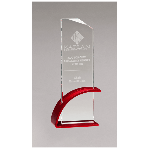3 7/8" x 9 3/8" x 1/2" Thick Red Contemporary Clear Glass Award, Arched Base with Matte Metallic Finish