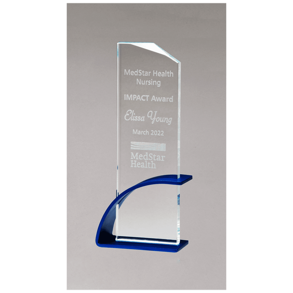 3 7/8" x 9 3/8" x 1/2" Thick Blue Contemporary Clear Glass Award, Arched Base with Matte Metallic Finish