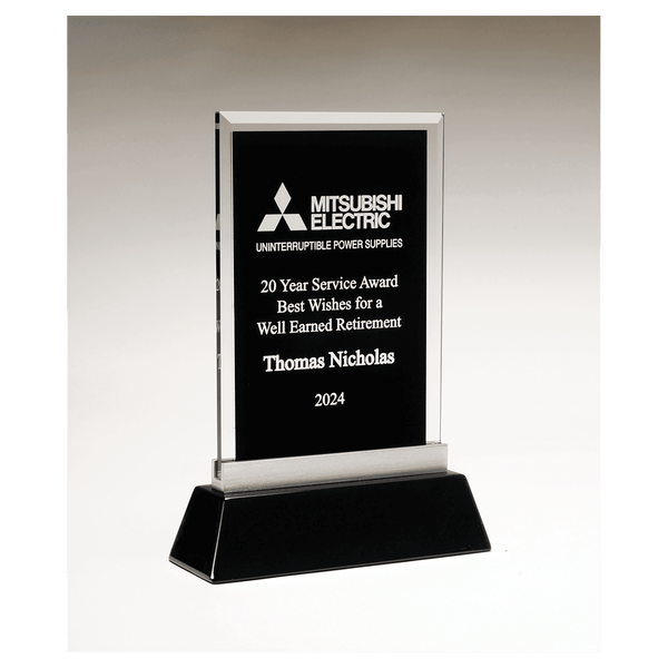 5 1/4" x 8 7/8" Rectangular Black Silkscreened Glass Award with Black Piano Finish Base