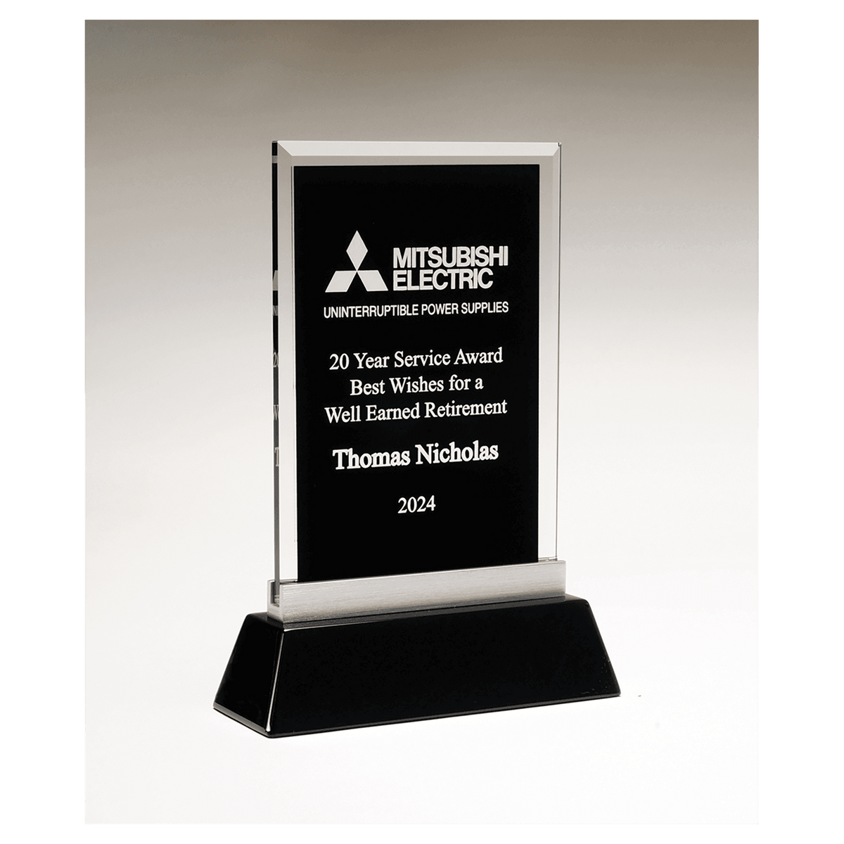 6 1/4" x 8 7/8" Rectangular Black Silkscreened Glass Award with Black Piano Finish Base