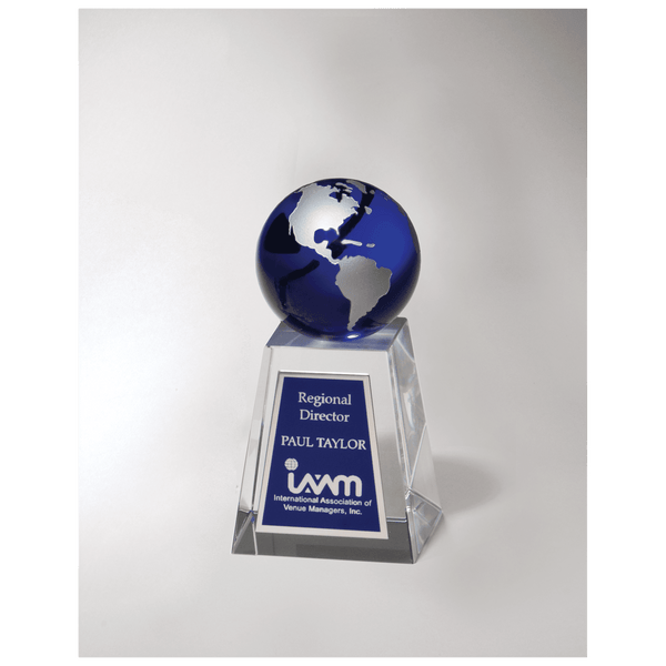 2 5/8" x 5 1/4" Crystal Trophy with Blue Globe and Blue/Silver Plate