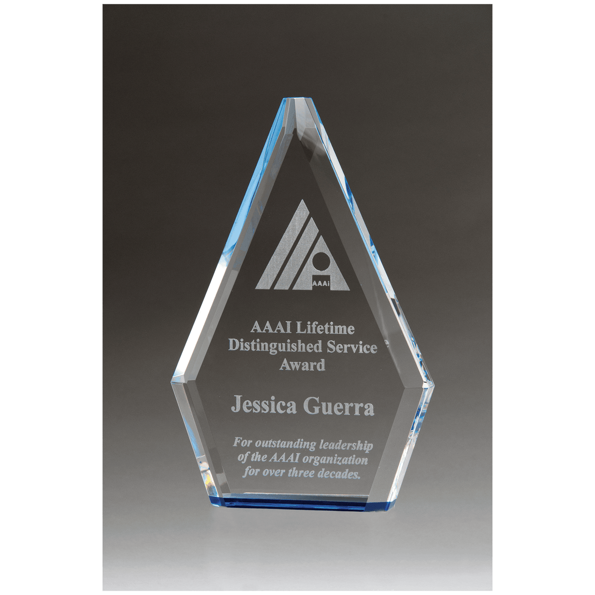 5 1/2" x 8" Flame Series Clear Crystal Award with Blue Accen ted Bottom