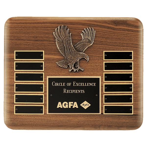 13" X 10 1/2" Solid American Walnut Plaque with Finely Detailed Antique Bronze Eagle Casting and Black LaserFX Header and 12 Perpetual Plates