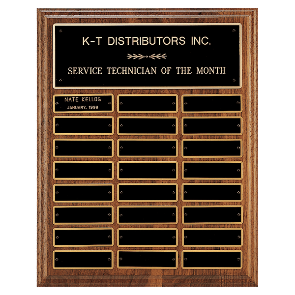 12" x 15"/Plates 1" x 3 1/4" Walnut Step-Edge 24 Plate Perpetual Plaque with Black Brass Plate