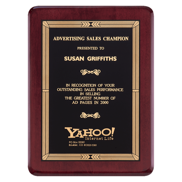 8" x 10 1/2" Wells Premium Rosewood Piano Finish Plaque with Gold Border Black Laserable Brass Plate