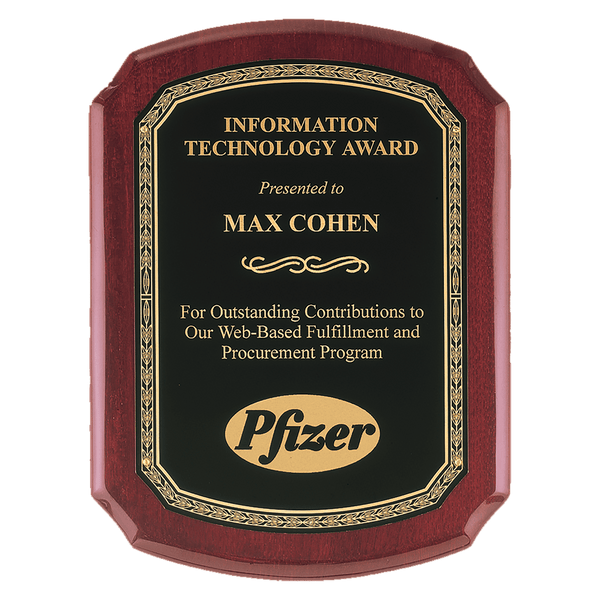8" x 10" Adams Rosewood Piano Finish Plaque with Back Florentine Gold Border LaserFX Plate
