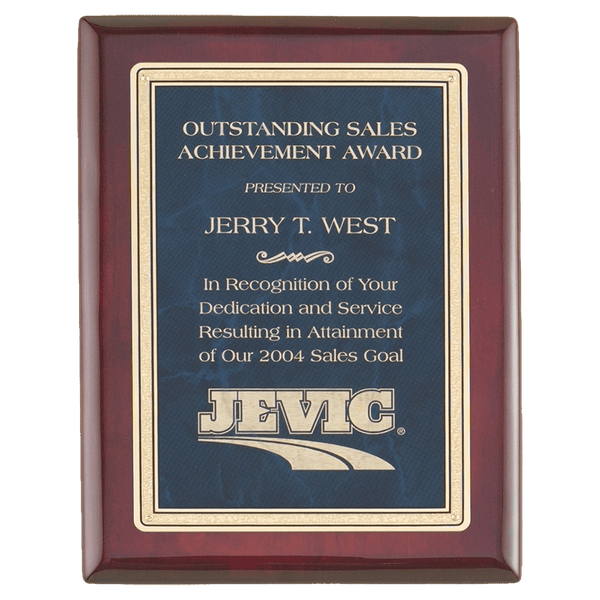 8" x 10" Rosewood Piano Finish Plaque with Sapphire Marble/Gold Florentine Design LaserFX Plate