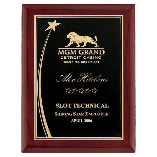 9" x 12" Adams Premium Rosewood Piano Finish Plaque with Shooting Star Accent Engraving Plate