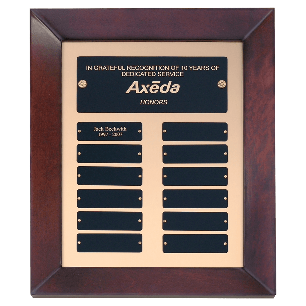 12" x 15" Adams Cherry Finish Frame Perpetual Plaque with Gold Metal Background and 12 Laserable Black Brass Plates