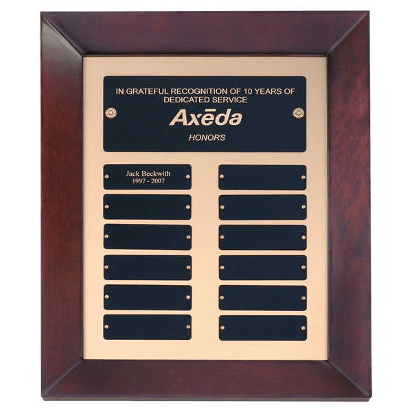 12" x 15" Adams Cherry Finish Frame Perpetual Plaque with Gold Metal Background and 12 Laserable Black Brass Plates