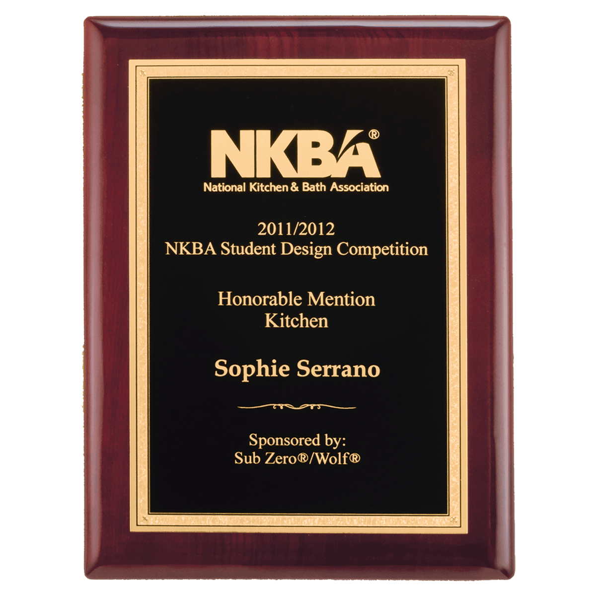 9" x 12" Airflyte Rosewood Piano Finish Plaque with Textured Black/Gold Florentine Border