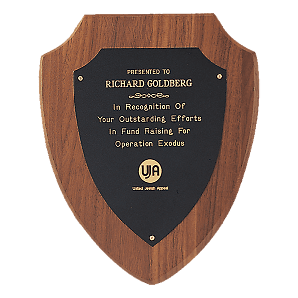 6" x 7 1/2" Jewelers Black Laserable Gold Border Shield Plate on an American Walnut Shield Plaque- Sheffield Series